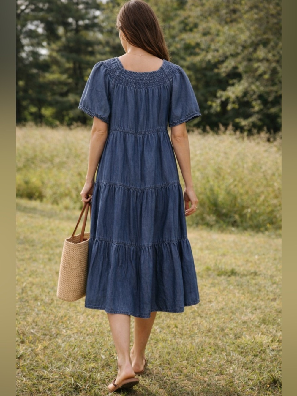 NOT FOR SALE Casuals Tencel Smocked Denim Style Dress Flutter Sleeve Tiered L - Picture 2 of 6